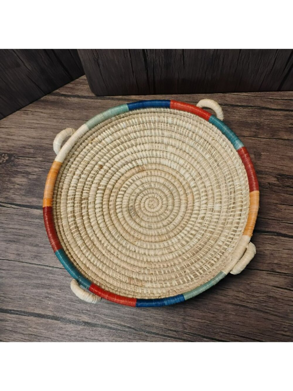 Boho Handcrafted 4-Hoop Woven Basket Bowl Round Grass Fruit Tray 12"